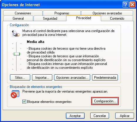 Opciones de Internet