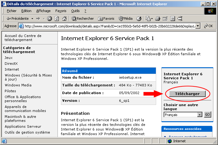 Dtails du tlchargement: Internet Explorer 6 Service Pack 1 - Microsoft Internet Explorer